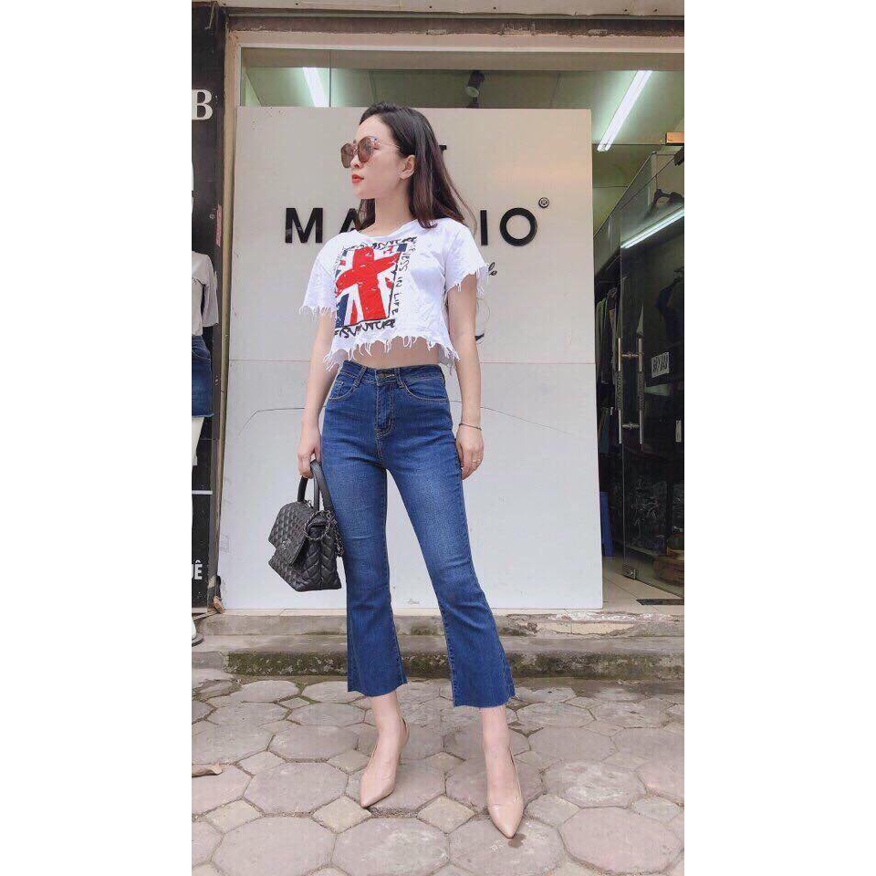 Quần jeans 9 tấc nữ ống loe nhẹ màu nhạt