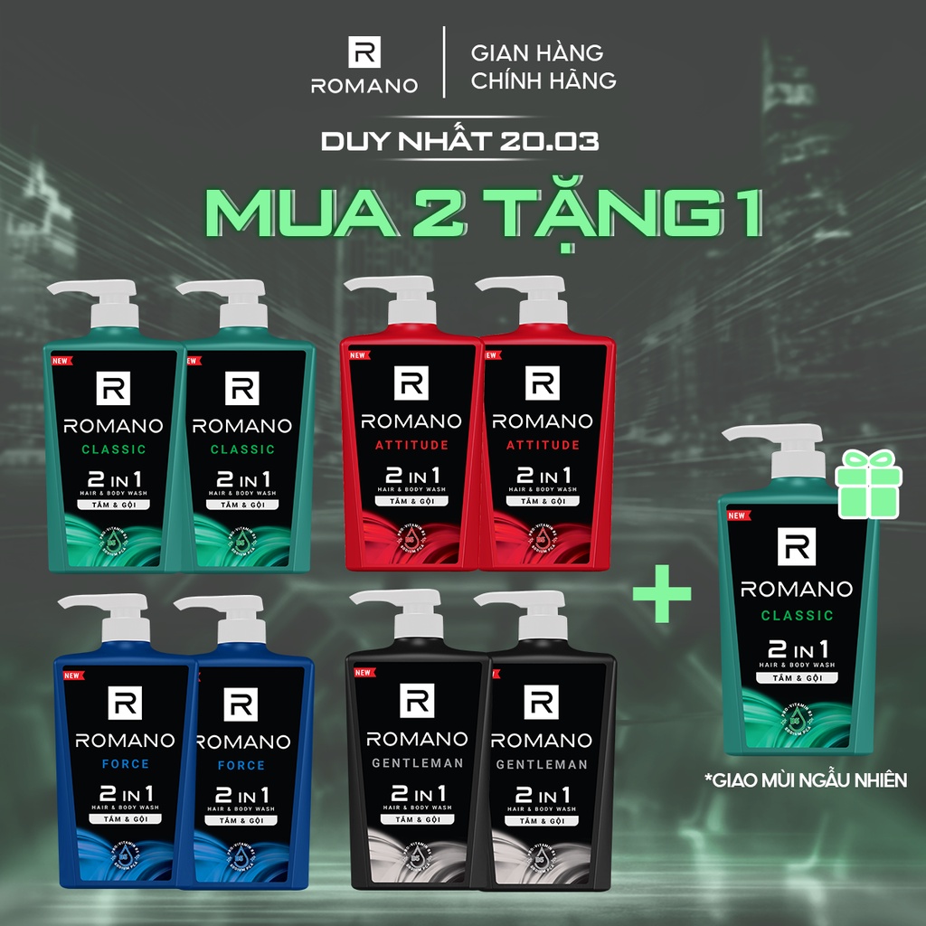 [Mua 2 tặng 1] Combo 2 Tắm gội 2 trong 1 Romano 650g/chai