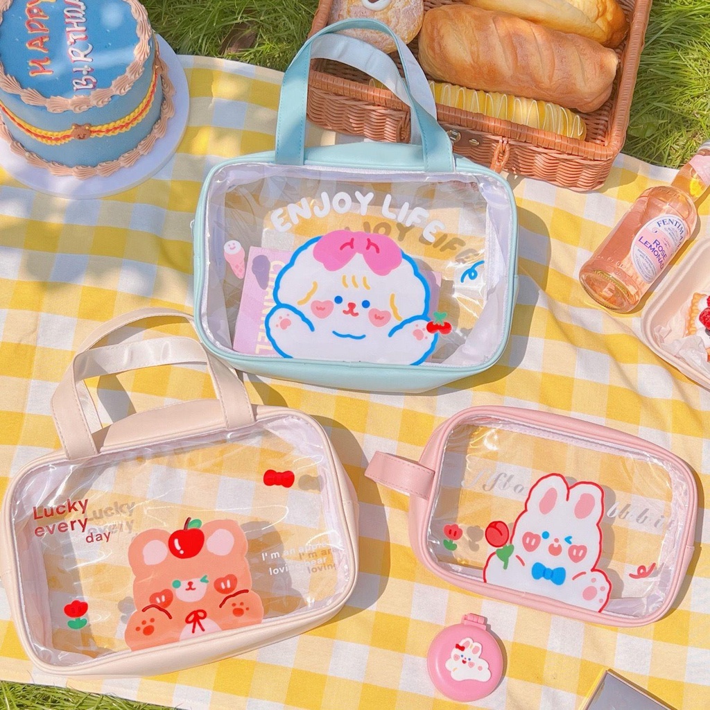 QQMALL Túi Đựng Mỹ Phẩm Bằng PVC Trong Suốt Họa Tiết Gấu Hoạt Hình Có Khóa Kéo Tiện Dụng