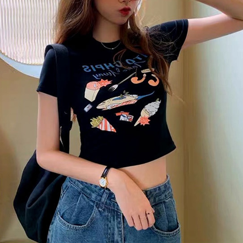 Áo Thun Croptop Tay Ngắn Cổ Tròn In Họa Tiết Hoạt Hình Và Chữ Thời Trang Mùa Hè Cho Nữ