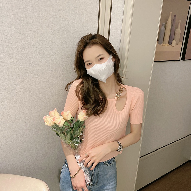 Áo thun ZHELIHANGFEI dệt kim ngắn tay eo cao thiết kế lệch tà cá tính