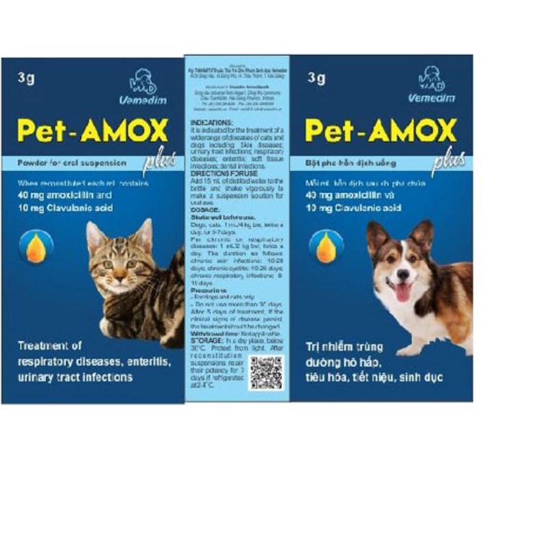 Bột pha Pet Amox Plus tác dụng hô hấp, tiết niệu chó mèo