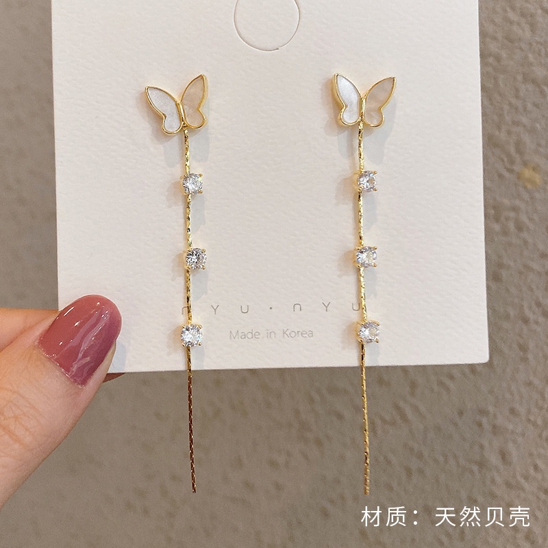 Bông tai mạ bạc 925 dáng dài hình bướm phong cách Hàn Quốc thời trang mới