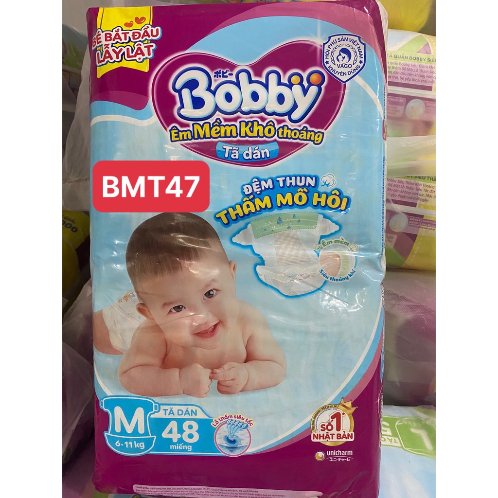 [TÃ DÁN 4-10KG] Tã Dán Bobby Every Đệm Thun Thấm Mồ Hôi size M48 miếng cho bé 6 - 10kg