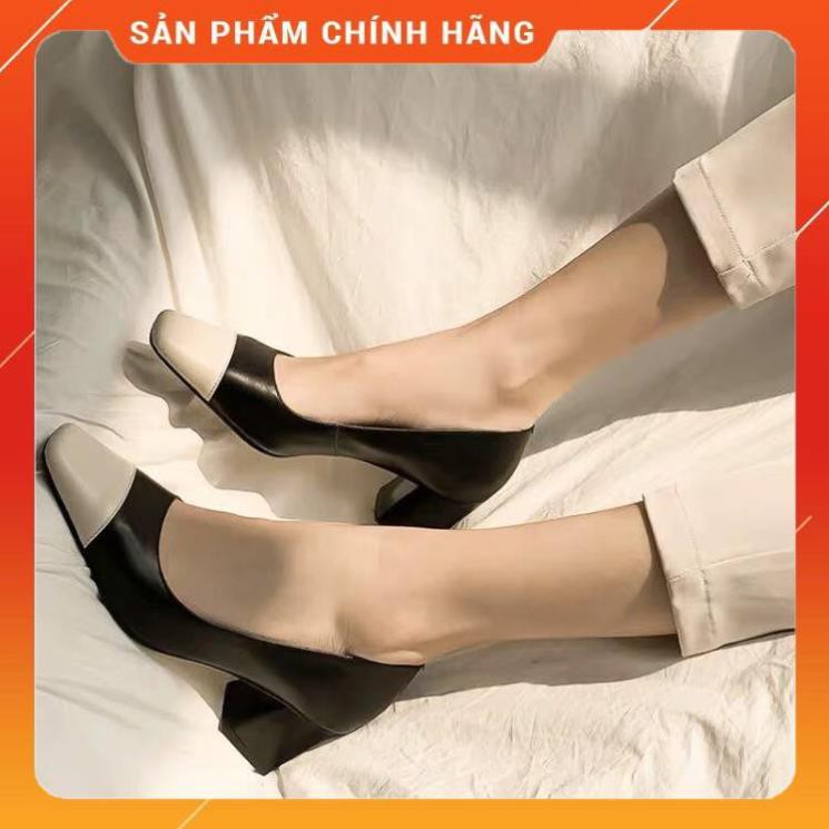 Giày gót vuông 5 phân mũi vuông da lì phối màu cực sang- Có size lớn cho chân ngoại cỡ -mn8
