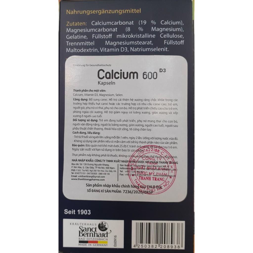 [Chính Hãng] CALCIUM D3 600 Oyster shell Kapseln - Phát Triển Chiều Cao - Giảm Nguy Cơ Loãng Xương