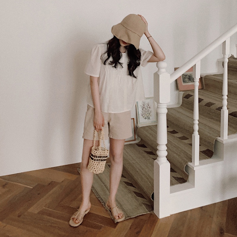 Áo kiểu cổ tròn tay ngắn xếp ly phong cách Hàn Quốc cho nữ 45359