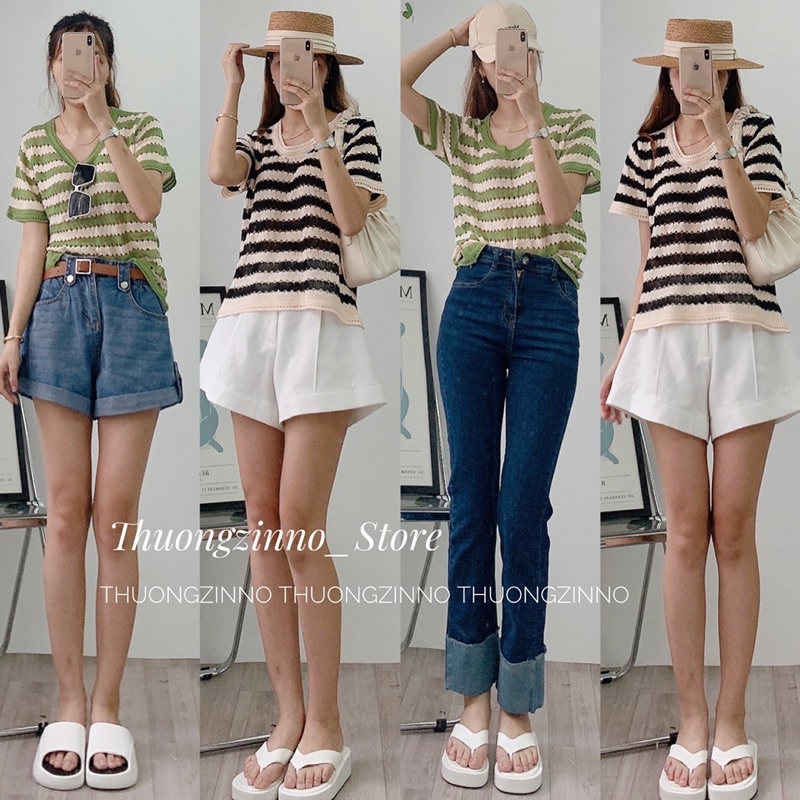 [Hàng loại 1]Áo len kẻ ngang Cầu vồng có tay Hàng Quảng Châu Áo phông chất mongtogi đay dặn basic Hàn Quốc