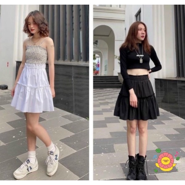 Chân váy vintage ngắn xếp ly 2 tầng xòe lưng cao công sở nữ, có lớp quần trong