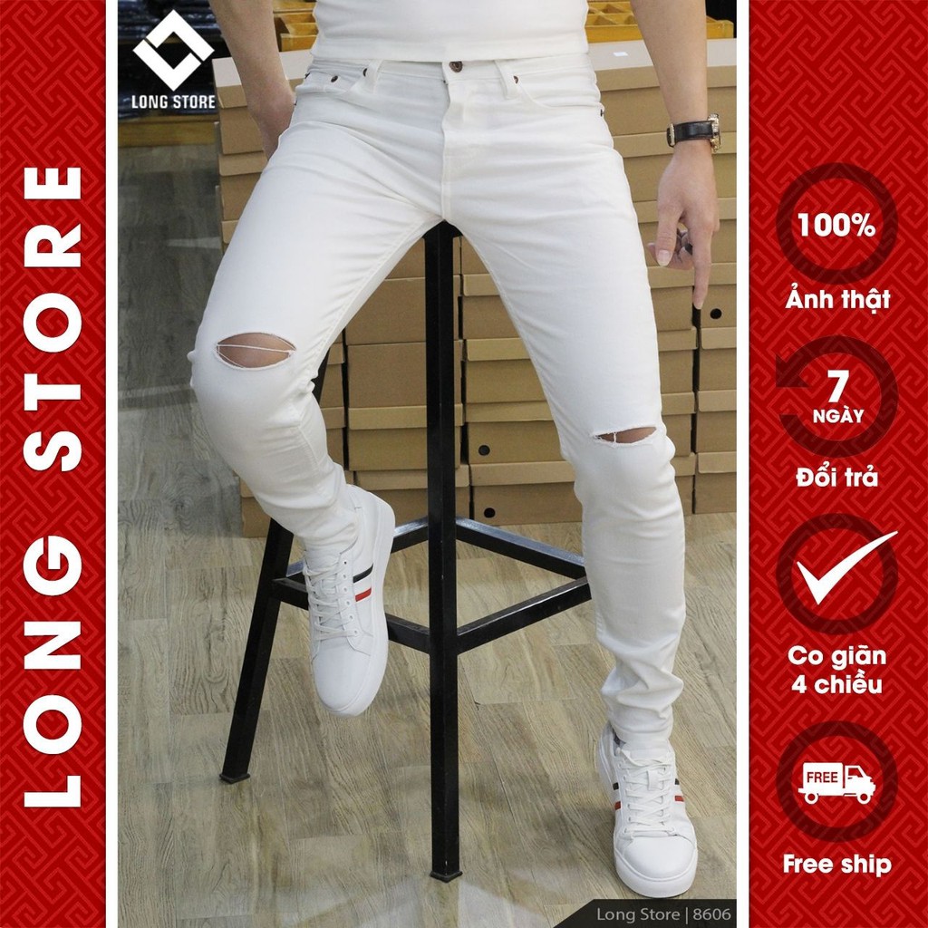 Quần jean nam trắng trơn rách gối cao cấp ống đứng dáng ôm skinny chất bò co giãn cực đẹp LONGARES 8606