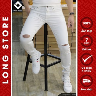 Quần jean nam trắng trơn rách gối cao cấp ống đứng dáng ôm skinny chất bò co giãn cực đẹp LONGARES 8606