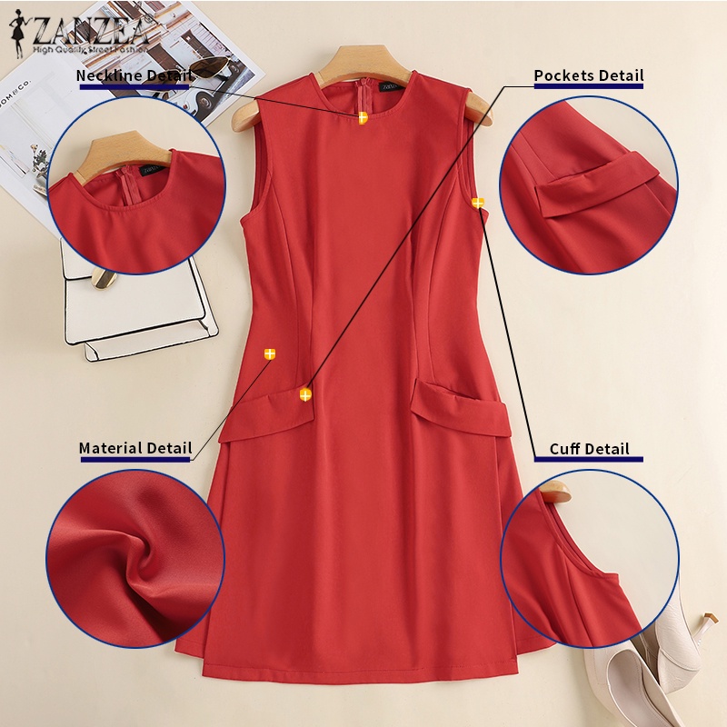 Đầm mini ZANZEA không tay cổ tròn có túi trước thời trang cho nữ