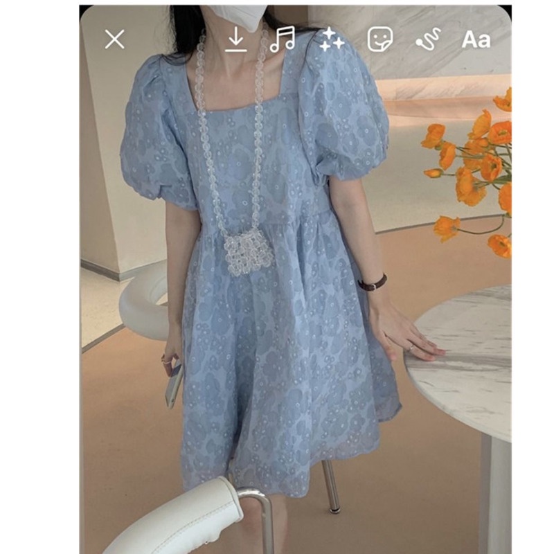 Đầm Ngắn Tay Màu Xanh Dương Phong Cách Hàn Quốc 185245 Đầm Chữ a Tay Phồng Cổ Vuông Thời Trang