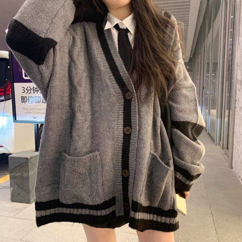 Áo Khoác Len Nữ 2 Túi Hàn Quốc - Halinh Shop - Áo Cardigan Len Xám Sọc Đen Cổ V Dáng Rộng Mặc Hè Thu size M L