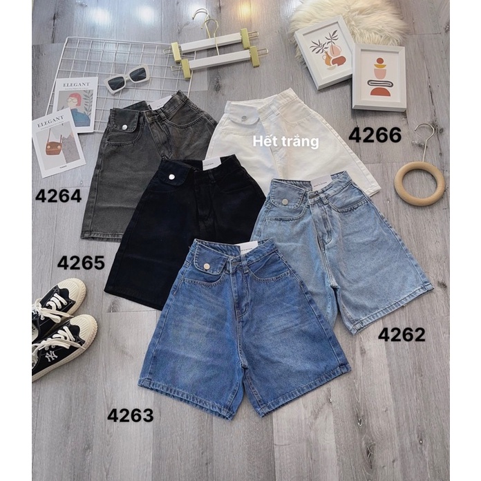 Quần ngố nữ ống rộng, quần short jean lưng cao màu xám đen hai nút kiểu túi nắp, túi vuông, 2 đai siêu dễ thương giá rẻ