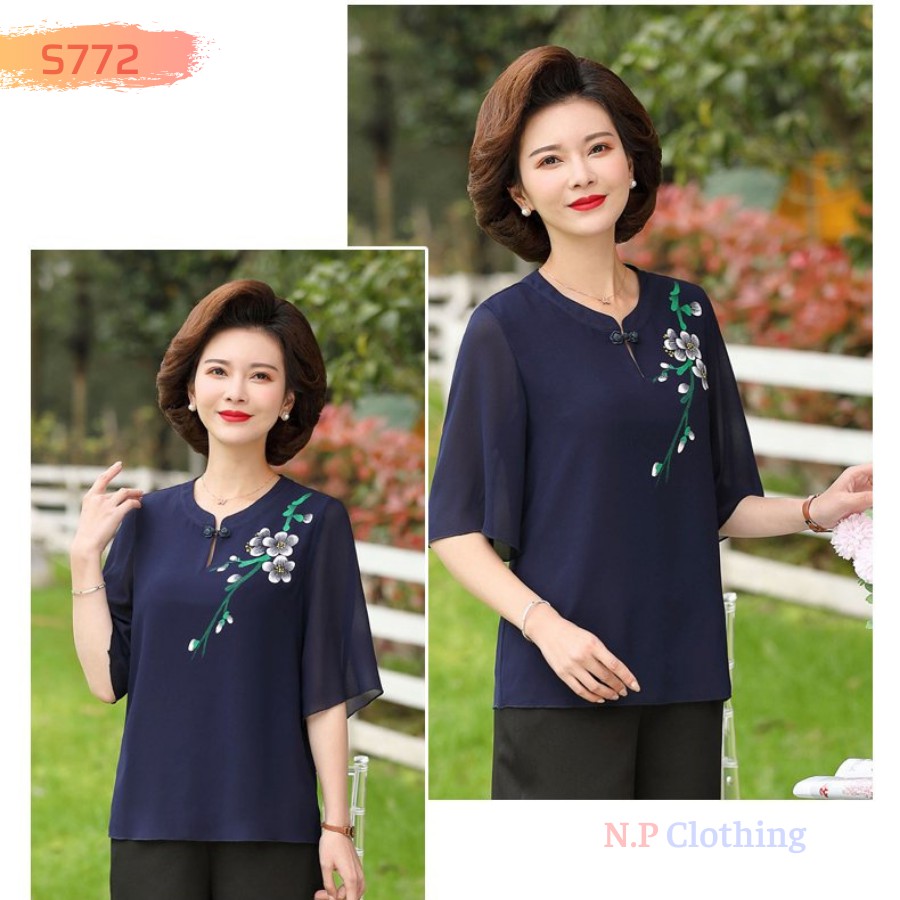 Set Đồ Trung Niên Nữ S771, Kiểu Áo Trung Niên Cổ Tàu thêu Hoa Phối Quần Ống Suông Trang Nhã | Thời Trang Trung Niên