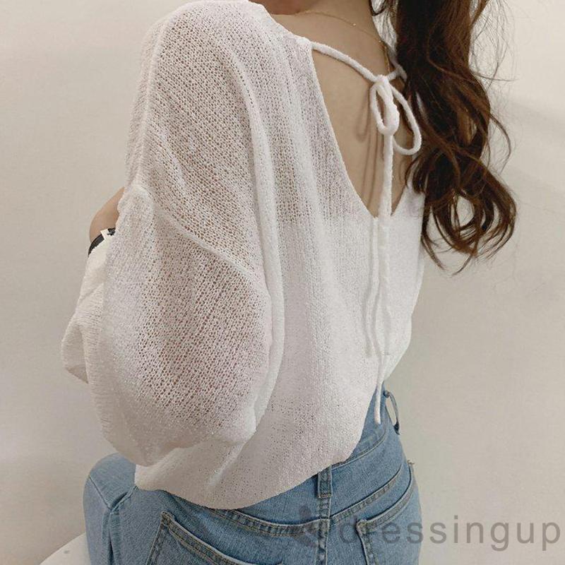 DRE-Female Loose Tops, Solid Color V-Neck Long Sleeve Tie-Up Knitted Blouse Pullover for Spring Summer, White/Black