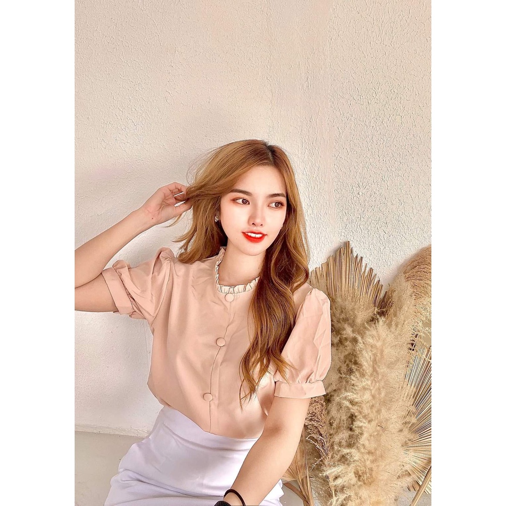 Áo sơ mi nữ công sở thời trang SURI chất lụa Hàn mềm mịn màu da tay ngắn xếp ly-BOCNUTDA