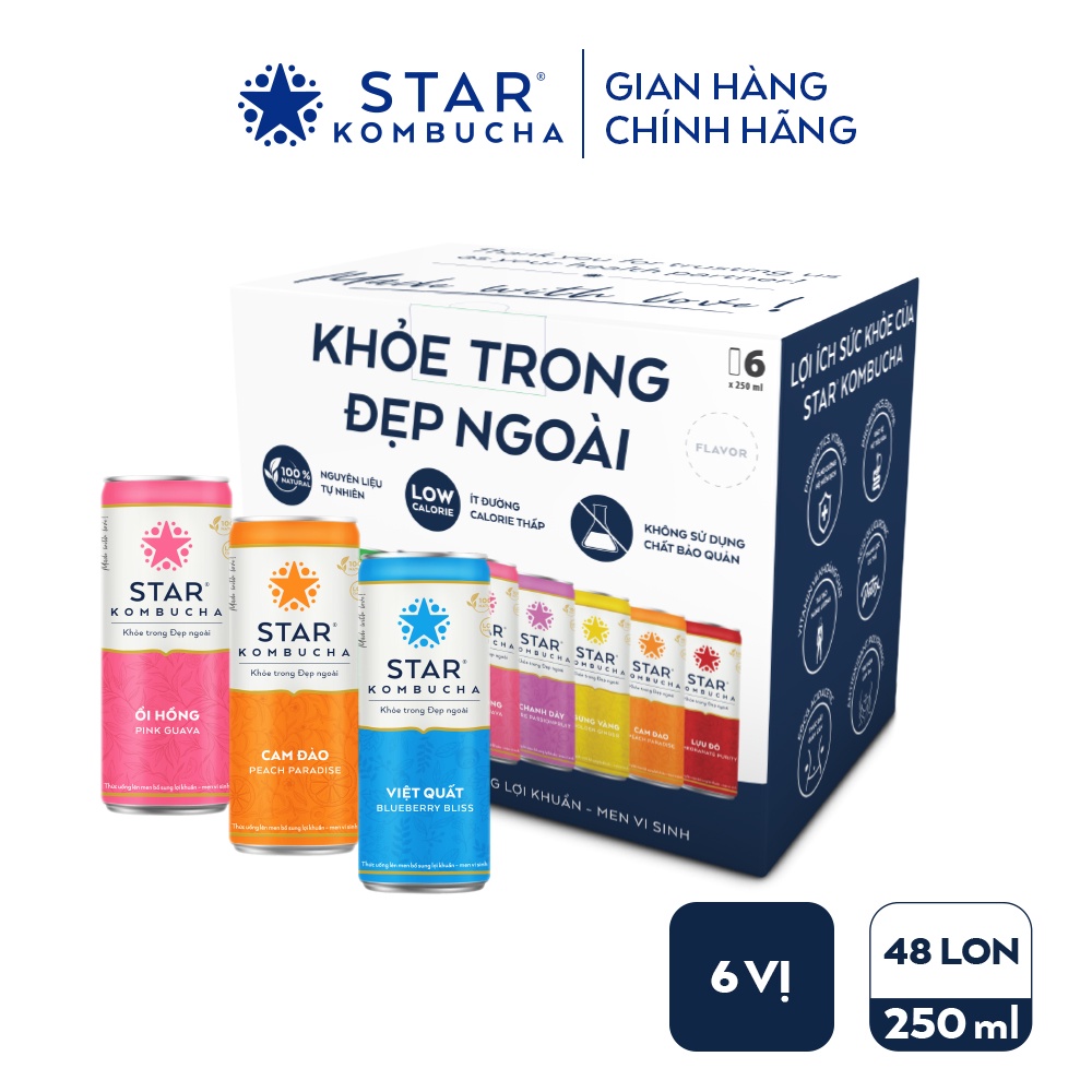 Lốc 6 lon trà STAR KOMBUCHA mix vị (250ml/lon) - Trà lên men vi sinh chứa probiotics bảo vệ sức khoẻ, thanh lọc cơ thể