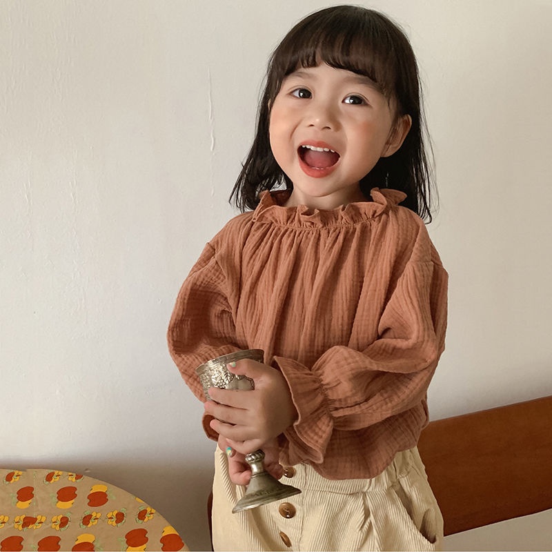 Áo Cotton Tay Loe Cổ Búp Bê Phong Cách Hàn Quốc Thời Trang Mùa Thu Cho Bé Gái