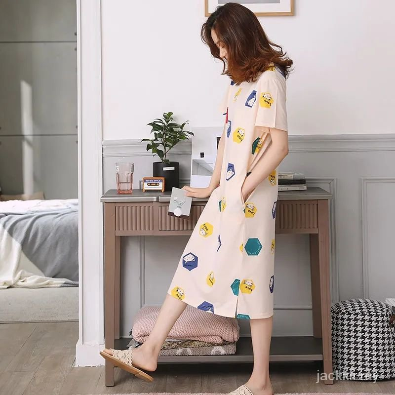 đồ ngủ Cotton Tay Ngắn Dáng Rộng Cỡ Lớn In Hoạt Hình Kiểu Hàn Quốc Dễ Thương Thời Trang Mùa Hè Cho Nữ