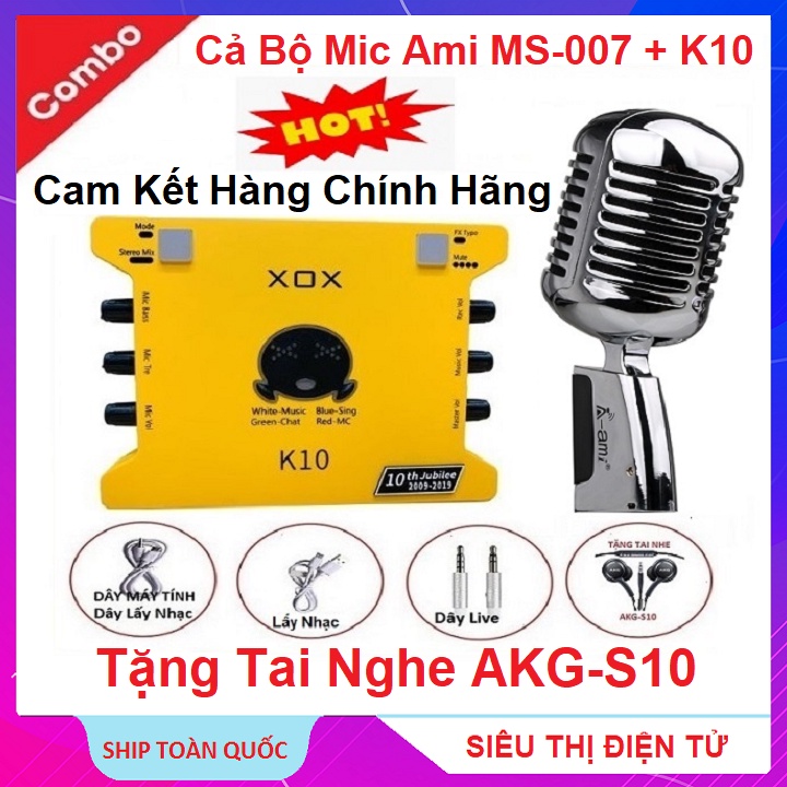 Combo Sound Card K10, Tặng Tai Nghe AKG-S10 - Micro Ami MS-007 - Chuyên Hát Karaoke Livestream - Cực hay