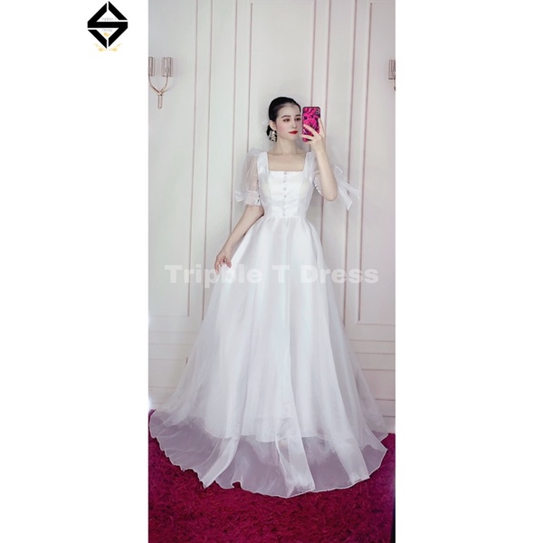 Đầm maxi cưới TRIPBLE T DRESS tay ngắn phồng kết nơ tay phối nút bọc - size S/M/L -MS162Y