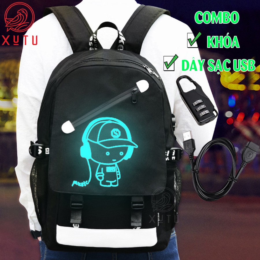 Balo thời trang phát sáng Xutustore hình Boy Music cá tính + Tặng cáp sạc USB xịn + Khóa số chống trộm cực HOT