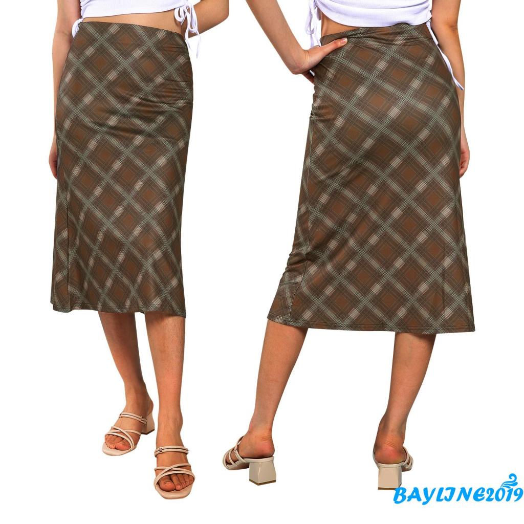 BAY-Women´s Bodycon Midi Skirts, Plaid Print High Waist Knee Length Stretch Long Skirt