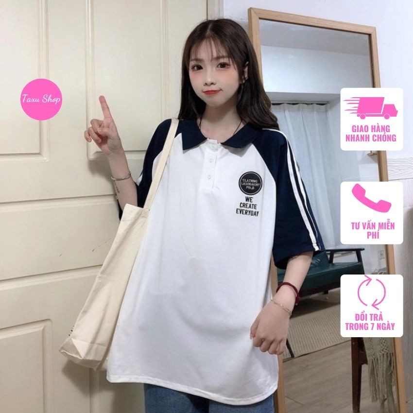 Áo Polo nữ form rộng có cổ ngắn tay dáng rộng dưới 75kg - WE CREATE EVERYDAY | BigBuy360 - bigbuy360.vn