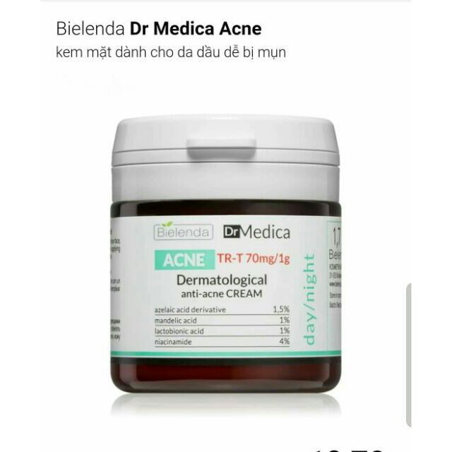 Kem Dưỡng Giảm Mụn Bielenda Dr Medica Dermatological Anti Acne Face Cream Day Night 50ml