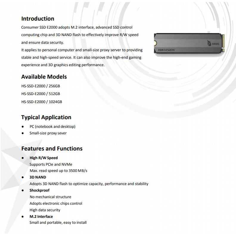 Ổ cứng SSD M.2 NVMe (PCIe) HIKVISION HSSSDE2000(STD) Hàng Chính Hãng