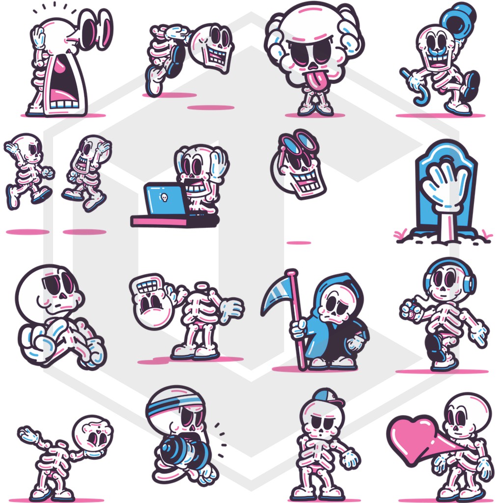 Full set 20 miếng sticker Bộ Xương sống siêu cá tính không thấm nước, dán nón bảo hiểm, laptop, điện thoại, Vali, xe...