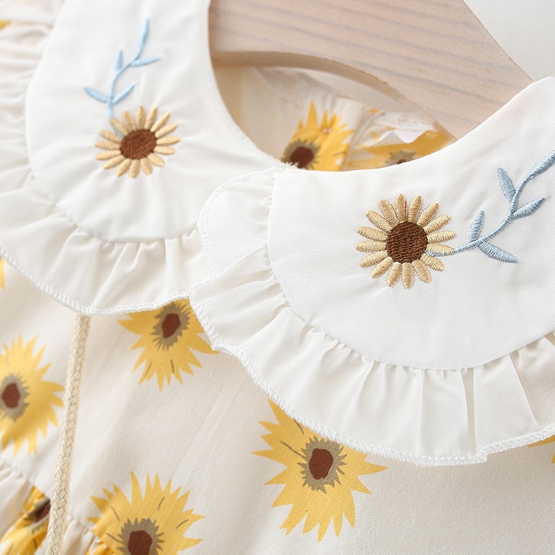 Váy  hình hoa hướng dương cổ búp bê tay ngắn có túi thời trang mùa hè cho bé gái 1-5 tuổi
