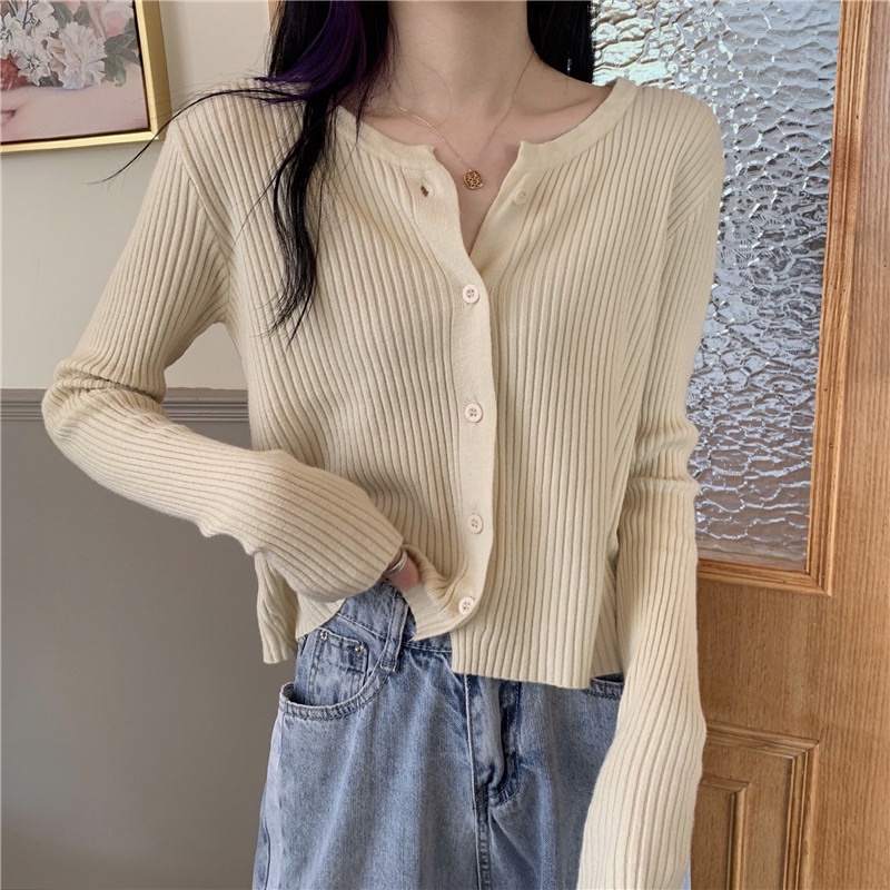 Áo len khoác len carigan nữ tay ôm dài, thân áo rộng màu trắng, màu đen, màu nâu, màu kem vàng