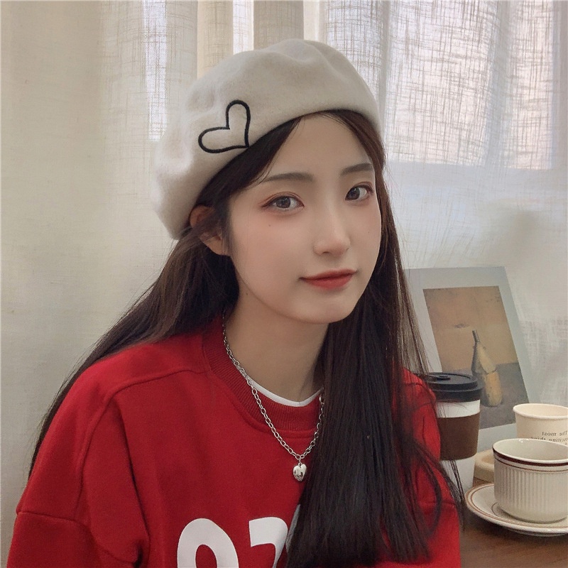 KW®Mũ beret chất dạ xù thêu trái tim xinh xắn hot trend mới mũ nón nón trắng