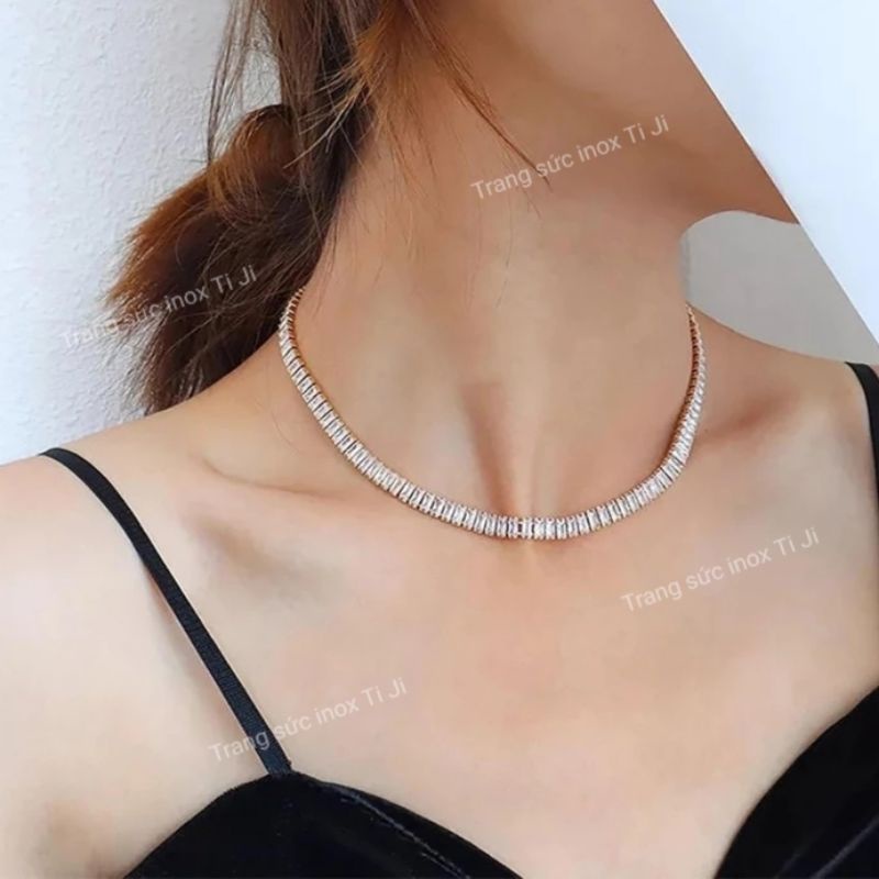 Dây chuyền nữ inox chuỗi đá chữ nhật đẹp, sang trọng không đen