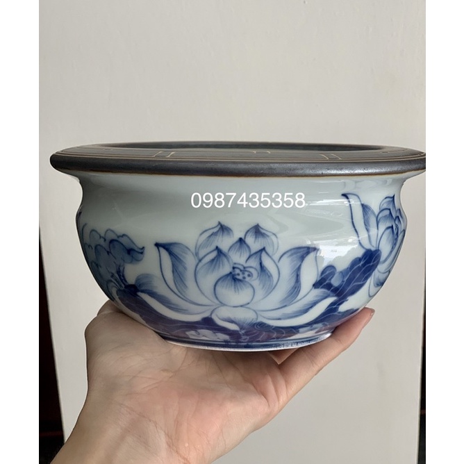 Bát hương lựu vẽ sen rồng xanh ngọc gốm Bát Tràng