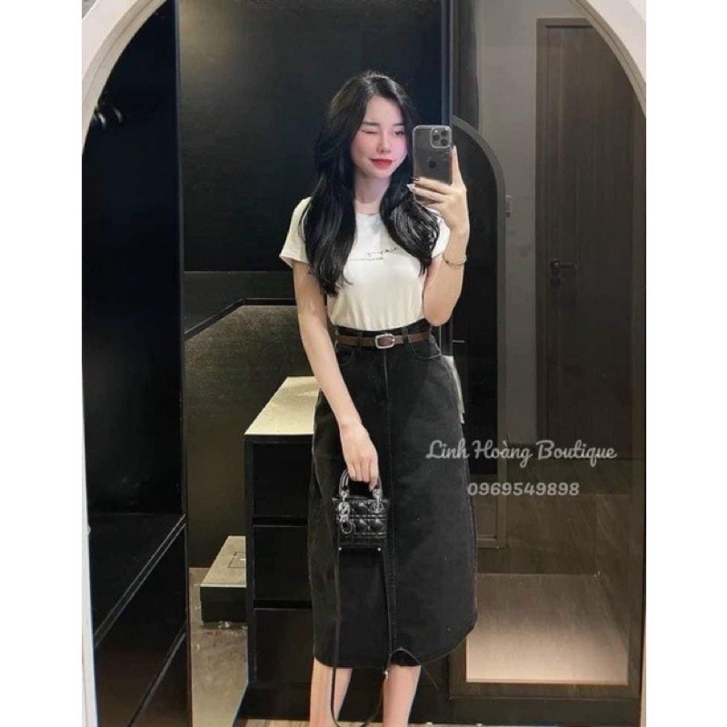 Pass chân váy jean dài kèm đai