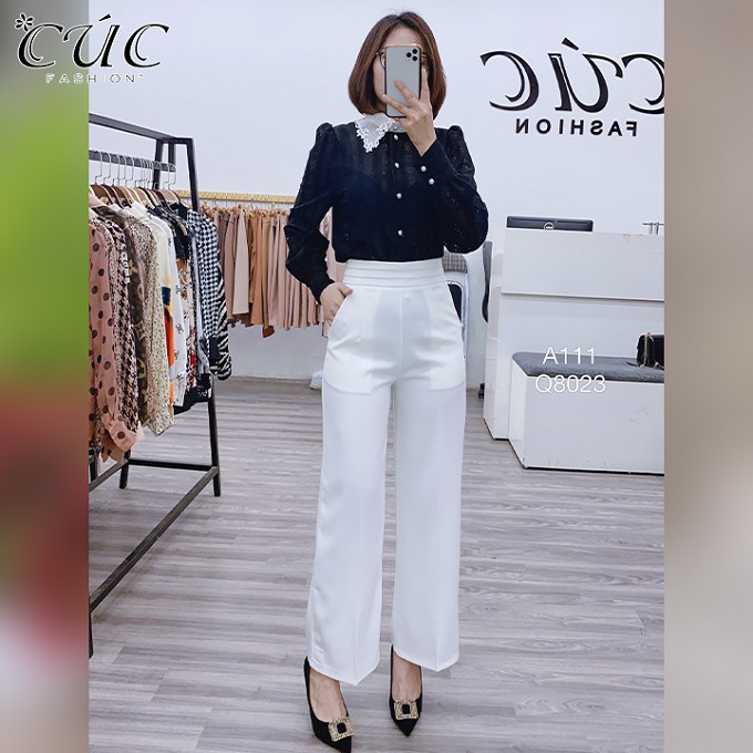 Quần ống rộng Cúc Fashion quần baggy nữ vải lưng cạp cao dài suông loe culottes xuông màu đen đi học from chuẩn Q296