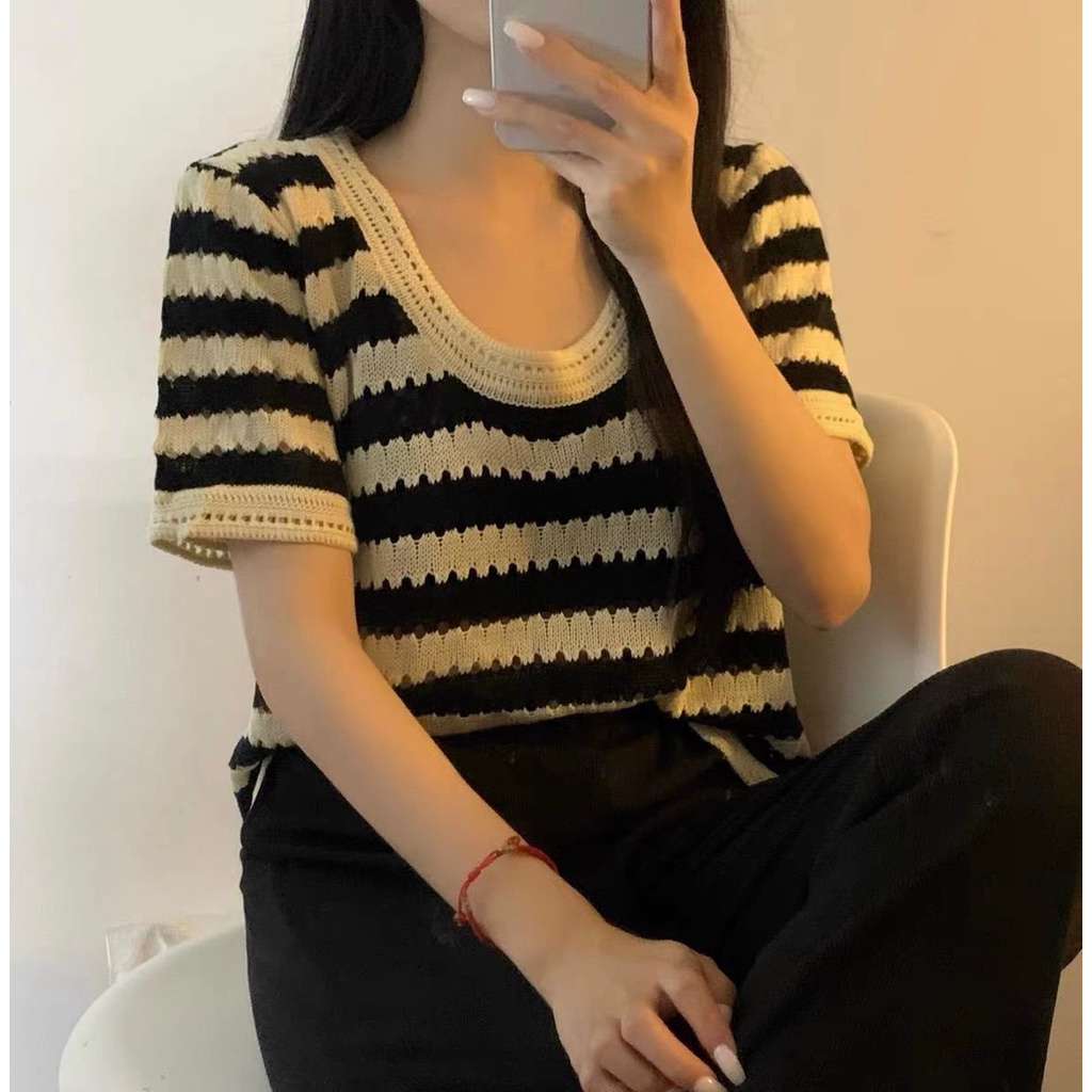 Áo Ngắn Tay Mongtoghi Len Kẻ Lưới Phong Cách Ulzzang Hàn Quốc Hottrend
