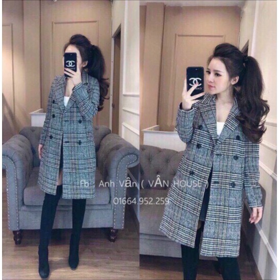 Áo Khoác Dạ Bầu Kẻ Caro Vải Dạ 2 Lớp Freesize&lt;68kg