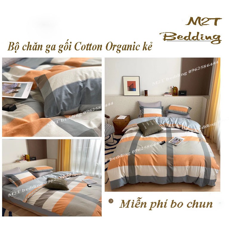 Bộ chăn ga gối Cotton Organic Bo Decor ga gối cotton Hàn Quốc kẻ 2021 miễn phí bo chun grap giường