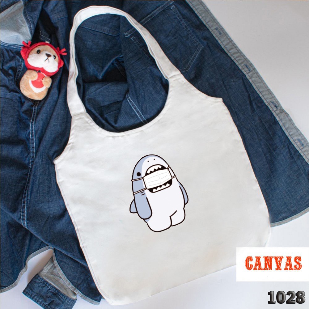 TÚI TOTE TRẮNG CHẤT VẢI CANVAS 514 1028 CÁ MẬP SHARK DỄ THƯƠNG HÀNG CHUẨN ĐẸP