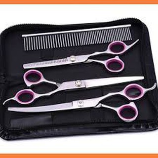 Kéo cắt lông chó mèo - Bộ Cắt Tỉa Lông Chó Mèo 7 inch - Kéo CONG, THẲNG, TỈA + LƯỢC inox tiện dụng