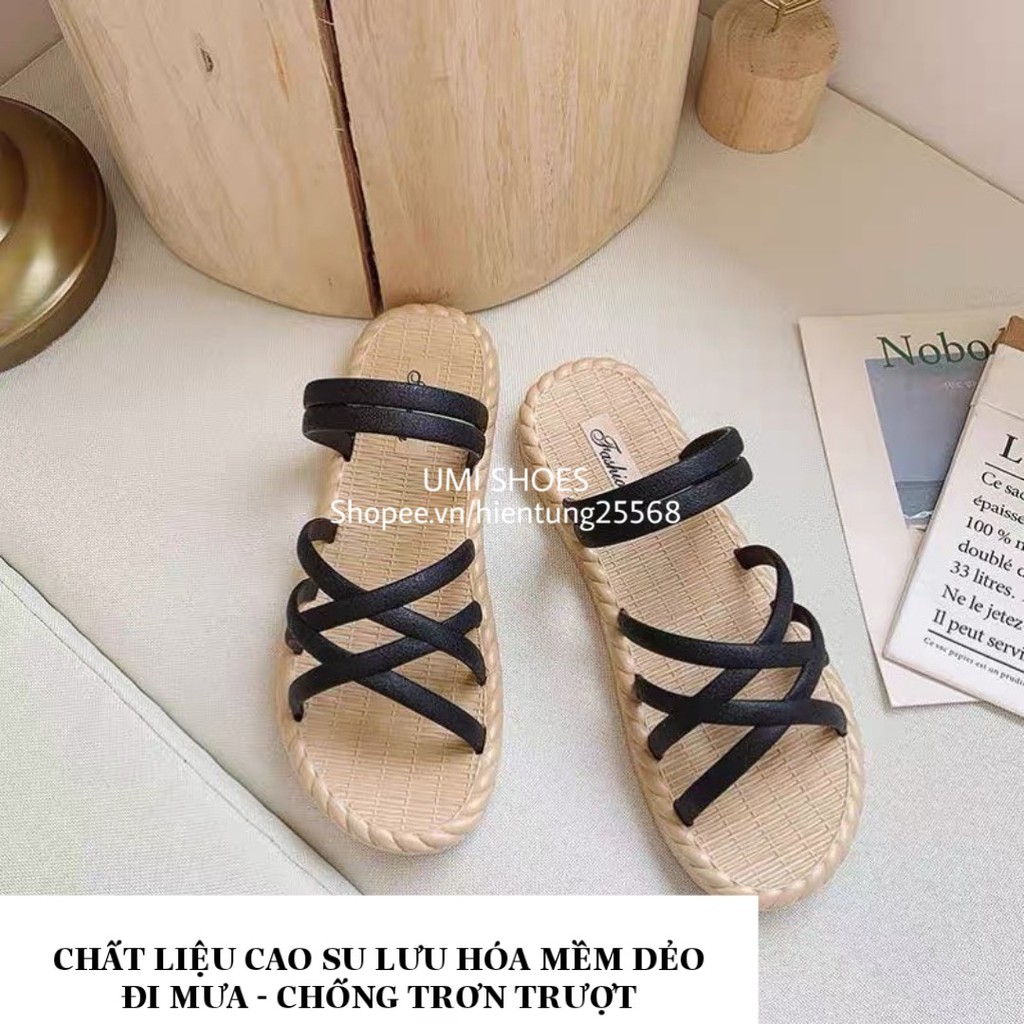 LOẠI I ĐẾ DẺO  Dép nữ sandal lê đế bằng bệt giả cói quai chéo đi mưa chống nước hôi chân mới hot màu đen/be [ẢNH THẬT] | BigBuy360 - bigbuy360.vn