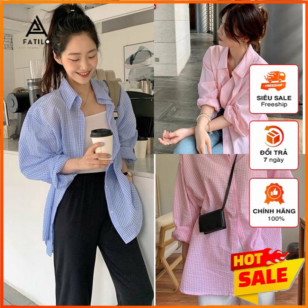 Áo Sơ Mi Nữ Kẻ Đuôi Tôm Vải Xốp 2 Màu - Áo Somi Dài Tay Dáng Thụng F037