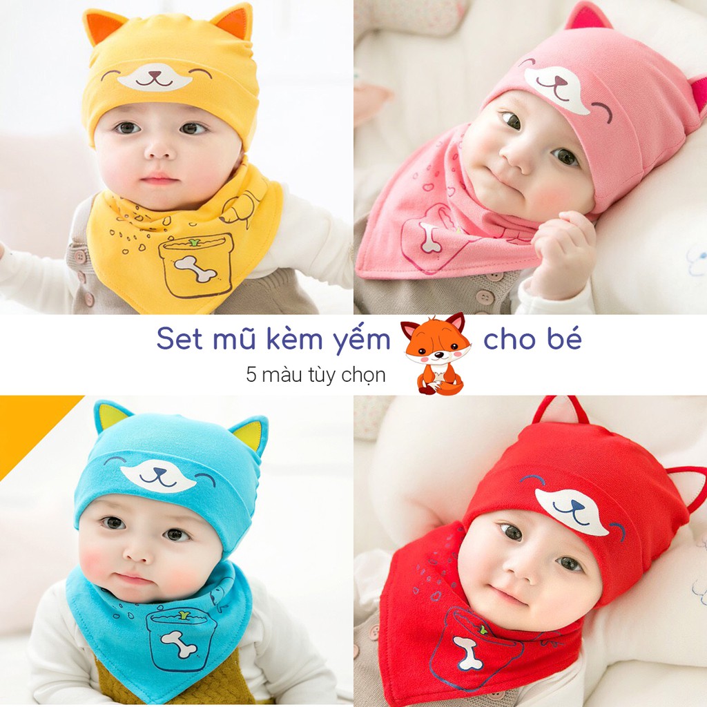 Set Mũ Yếm Cho Bé Từ 0 Đến 6 Tháng Chất Cotton In Hình Thú Đáng Yêu