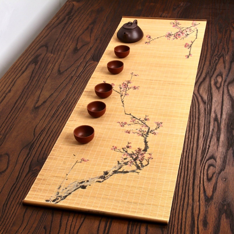 Chiếu tre , thảm tre trải bàn trà trang trí hoa đào 30x60cm