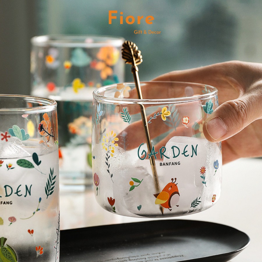 Cốc thủy tinh - họa tiết hoa lá Garden - cốc uống trà cực xinh xắn